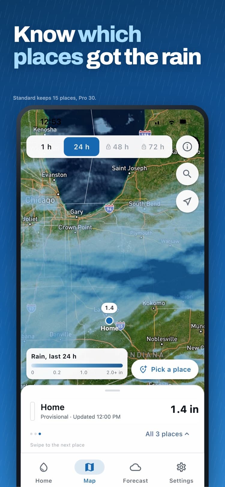 Rainfall map of the last 24 hours with saved places pinned and each place's total on its pin