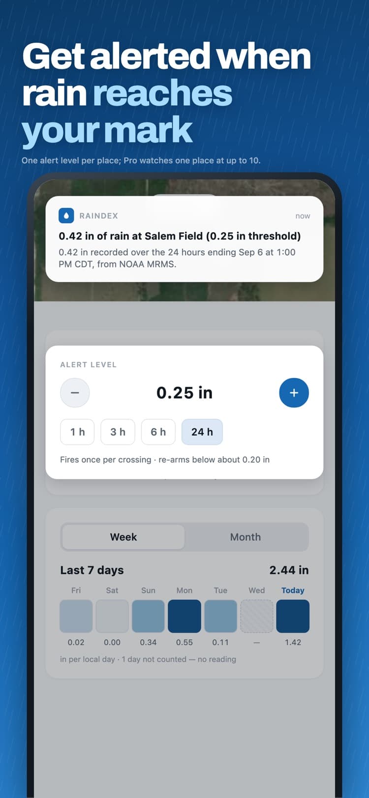 Threshold alert set to 0.25 inches over 24 hours, and the push notification it sends when a field crosses it