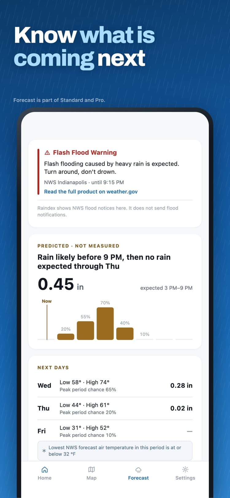 NWS flash flood warning shown for a saved place, and a rain outlook marked predicted, not measured